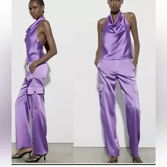 COPY - NWOT ZARA PURPLE SATIN EFFECT CARGO STYLE PANTS - Picture 1 of 7